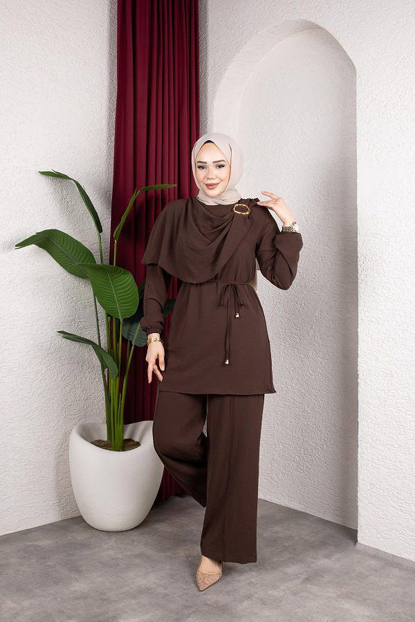 Toka Detaylı Ayrobin Takım-2639 Kahve rengi