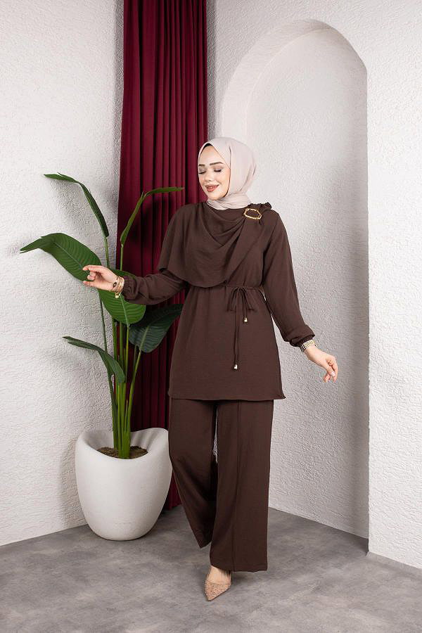 Toka Detaylı Ayrobin Takım-2639 Kahve rengi