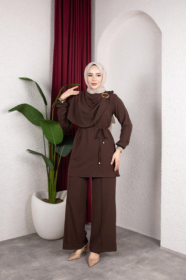 Toka Detaylı Ayrobin Takım-2639 Kahve rengi