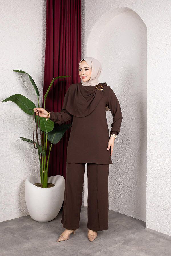 Toka Detaylı Ayrobin Takım-2639 Kahve rengi