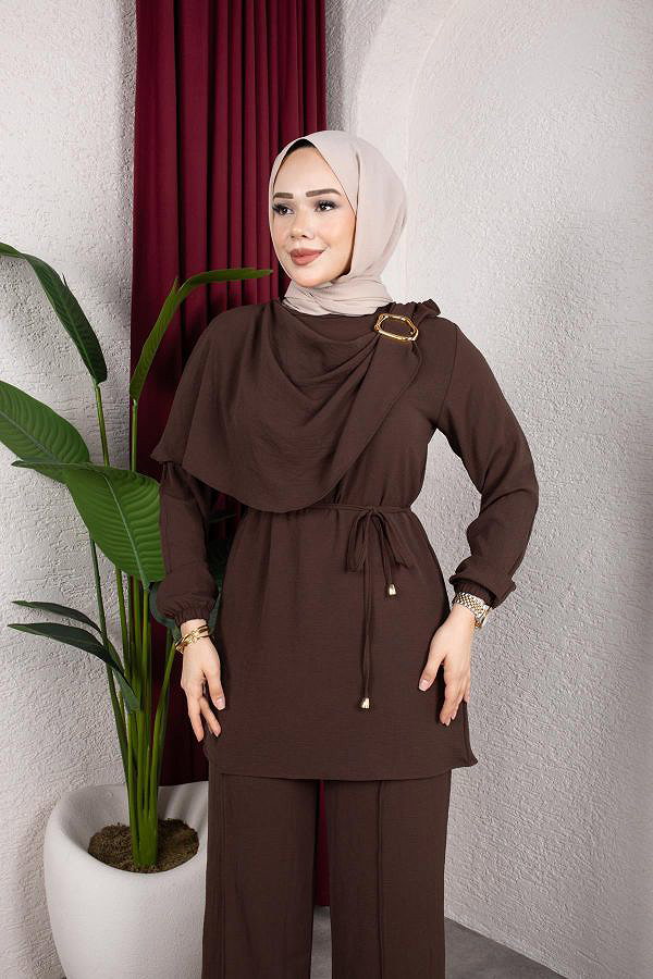 Toka Detaylı Ayrobin Takım-2639 Kahve rengi