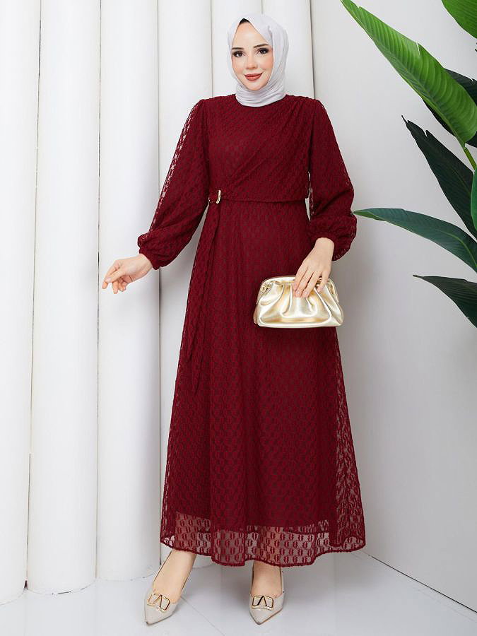Toka Detaylı Dantel Elbise-5185 Bordo