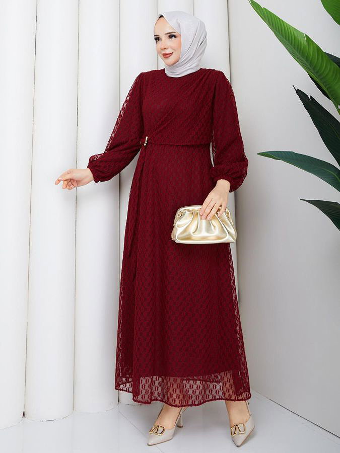 Toka Detaylı Dantel Elbise-5185 Bordo