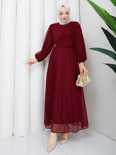 Toka Detaylı Dantel Elbise-5185 Bordo - Thumbnail