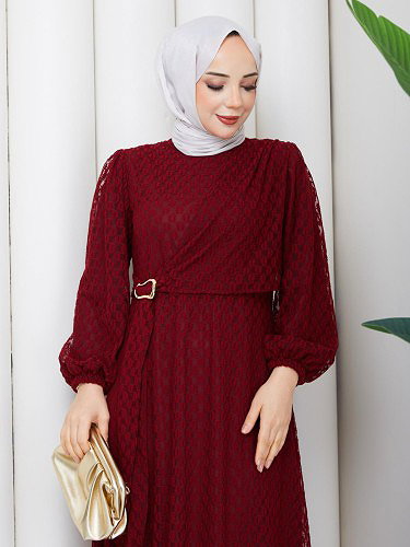 Toka Detaylı Dantel Elbise-5185 Bordo - Thumbnail