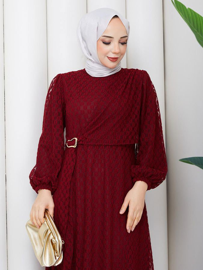 Toka Detaylı Dantel Elbise-5185 Bordo