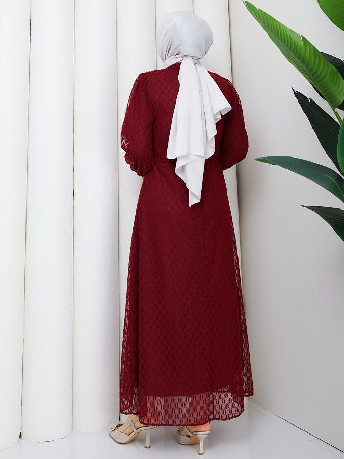 Toka Detaylı Dantel Elbise-5185 Bordo
