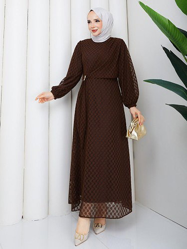 Toka Detaylı Dantel Elbise-5185 Kahve rengi - Thumbnail