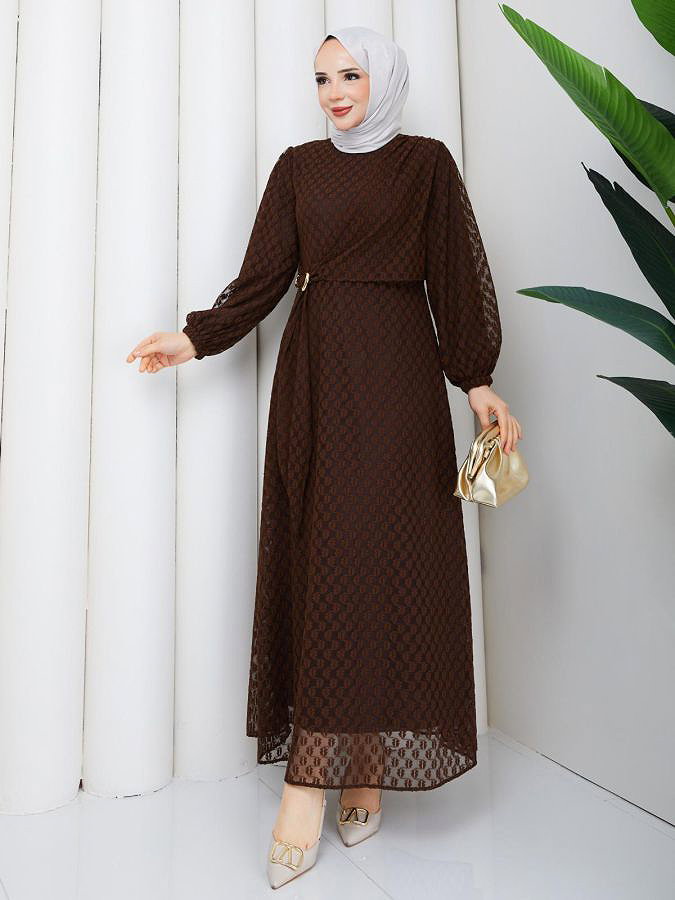 Toka Detaylı Dantel Elbise-5185 Kahve rengi
