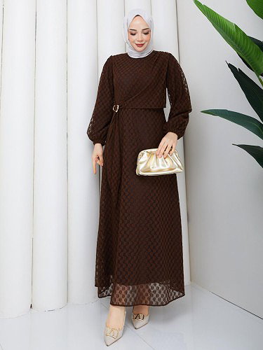 Toka Detaylı Dantel Elbise-5185 Kahve rengi - Thumbnail