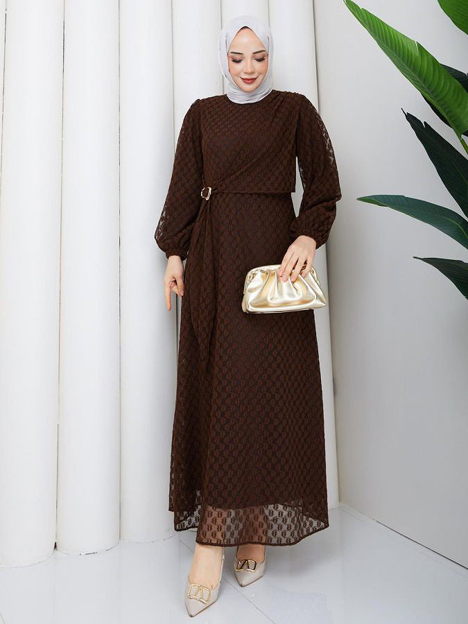 Toka Detaylı Dantel Elbise-5185 Kahve rengi