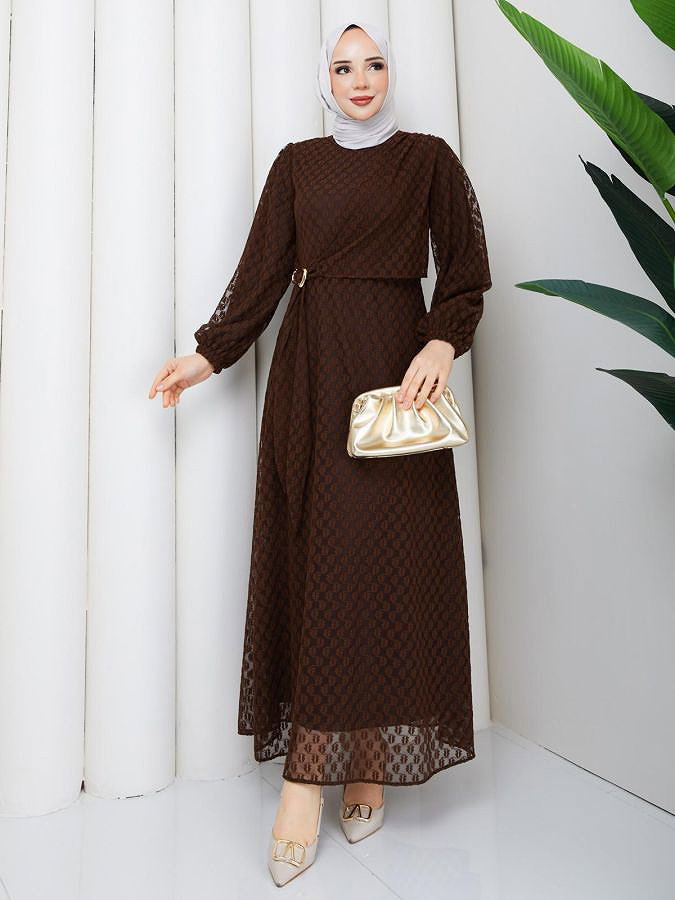 Toka Detaylı Dantel Elbise-5185 Kahve rengi