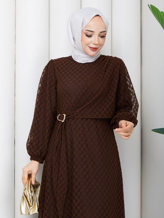 Toka Detaylı Dantel Elbise-5185 Kahve rengi