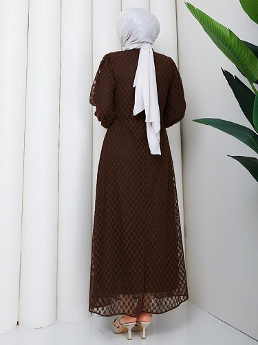 Toka Detaylı Dantel Elbise-5185 Kahve rengi - Thumbnail