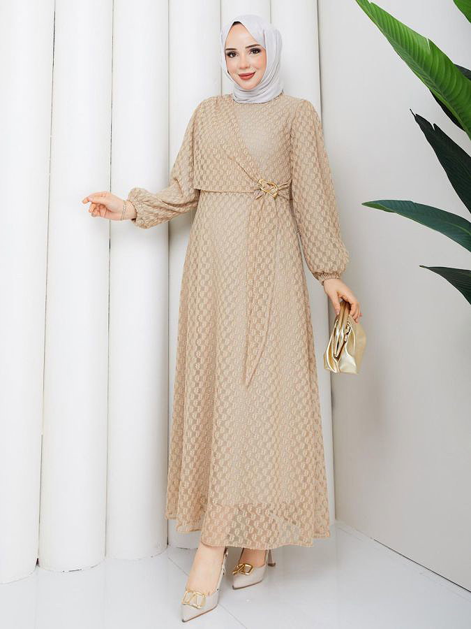 Toka Detaylı Dantel Elbise-5185 Krem