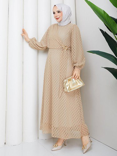 Toka Detaylı Dantel Elbise-5185 Krem - Thumbnail