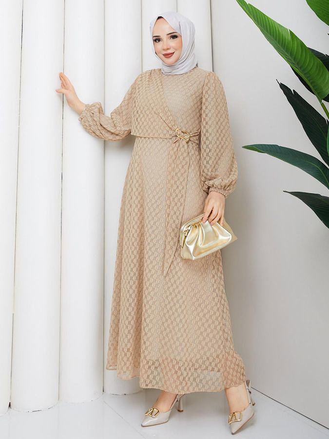 Toka Detaylı Dantel Elbise-5185 Krem