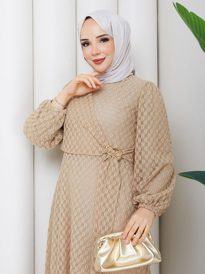 Toka Detaylı Dantel Elbise-5185 Krem