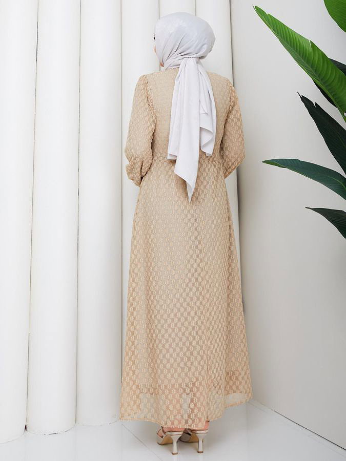 Toka Detaylı Dantel Elbise-5185 Krem