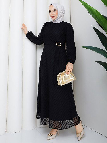 Toka Detaylı Dantel Elbise-5185 Siyah - Thumbnail