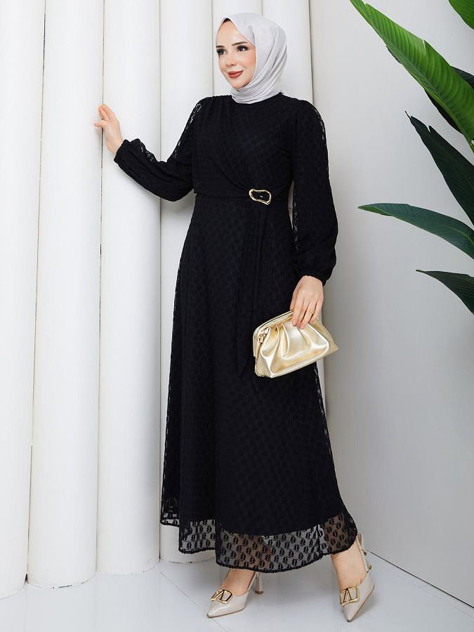 Toka Detaylı Dantel Elbise-5185 Siyah