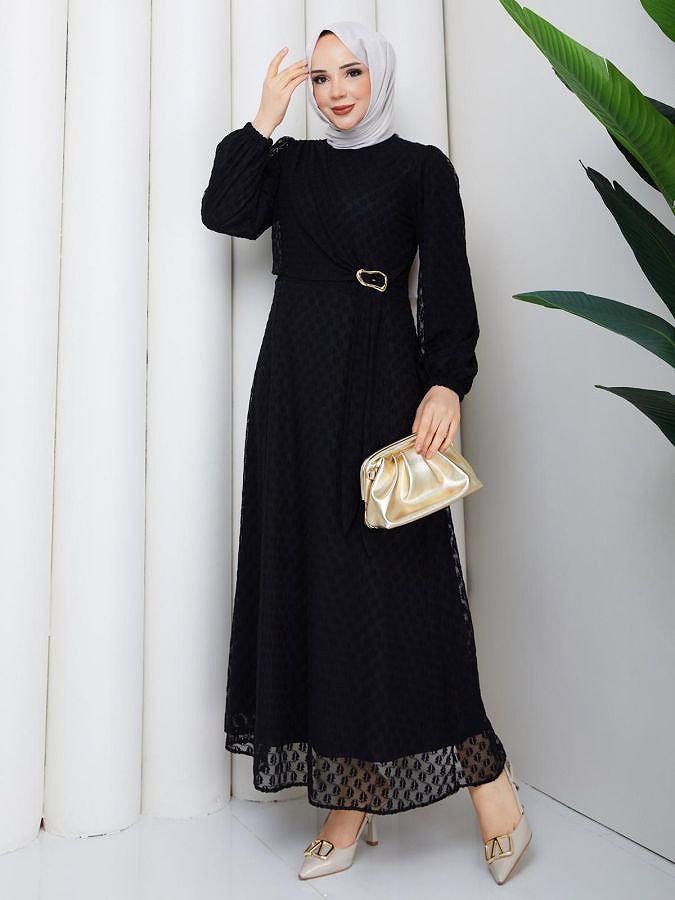Toka Detaylı Dantel Elbise-5185 Siyah