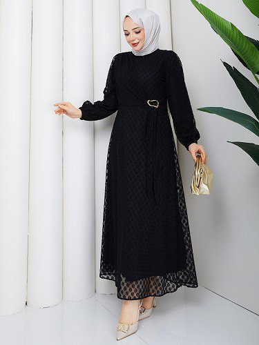 Toka Detaylı Dantel Elbise-5185 Siyah - Thumbnail