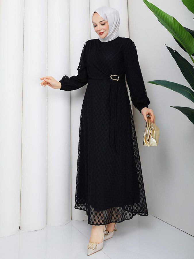 Toka Detaylı Dantel Elbise-5185 Siyah