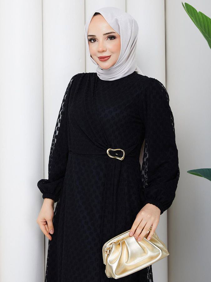 Toka Detaylı Dantel Elbise-5185 Siyah