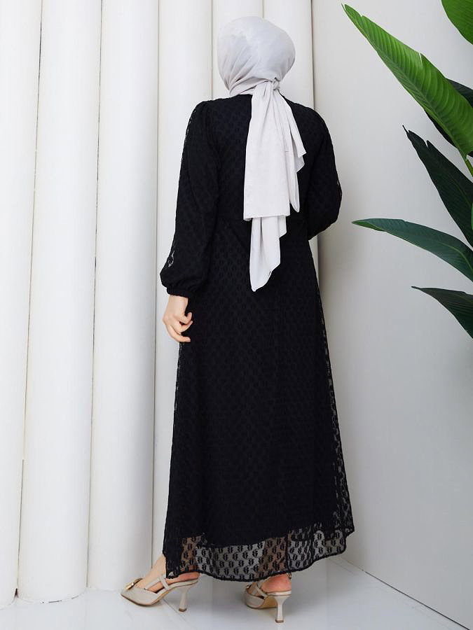 Toka Detaylı Dantel Elbise-5185 Siyah