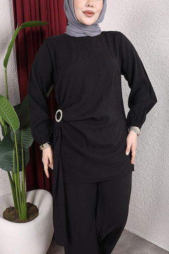 Toka Detaylı Kupra İkili Takım-5095 Siyah - Thumbnail