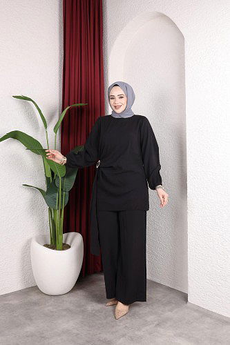 Toka Detaylı Kupra İkili Takım-5095 Siyah - Thumbnail