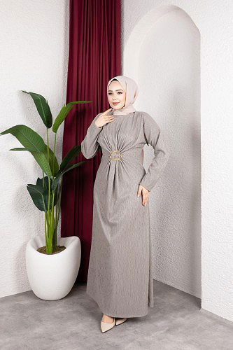 Toka Detaylı Tesettür Elbise-5075 Mint yeşili - Thumbnail