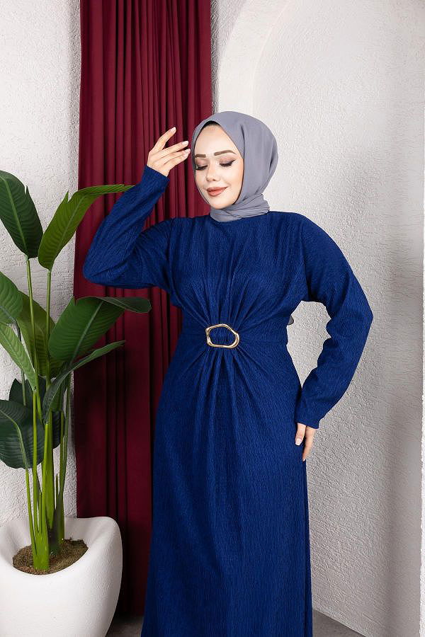 Toka Detaylı Tesettür Elbise-5075 Saks mavisi