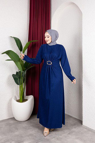 Modaebva - Toka Detaylı Tesettür Elbise-5075 Saks mavisi