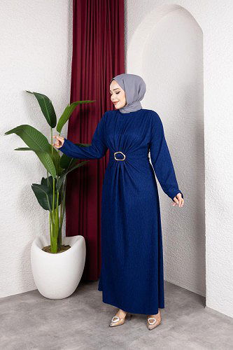 Toka Detaylı Tesettür Elbise-5075 Saks mavisi - Thumbnail