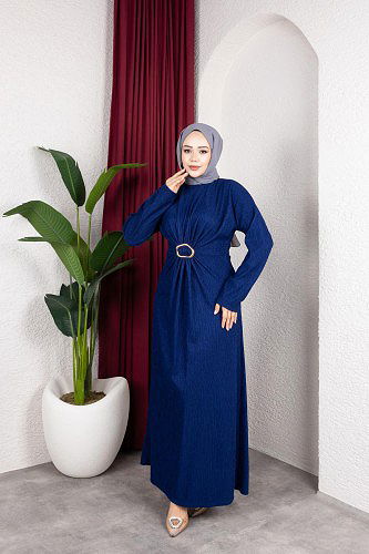 Toka Detaylı Tesettür Elbise-5075 Saks mavisi - Thumbnail