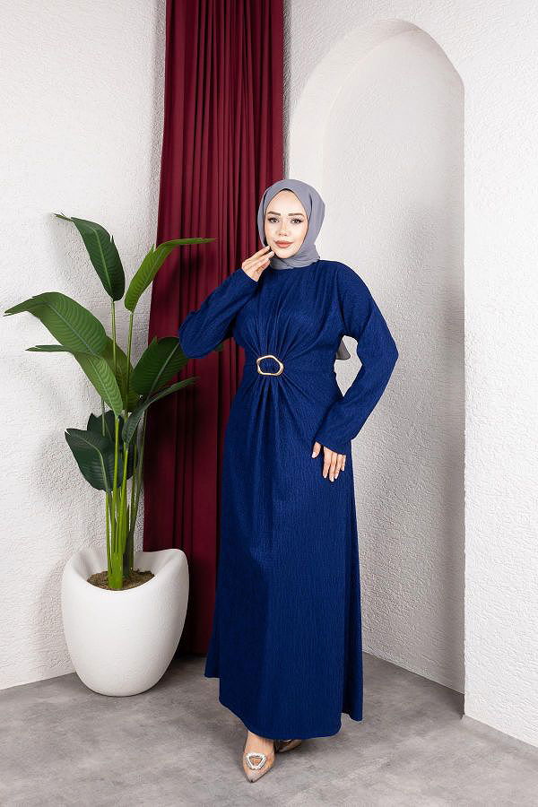 Toka Detaylı Tesettür Elbise-5075 Saks mavisi