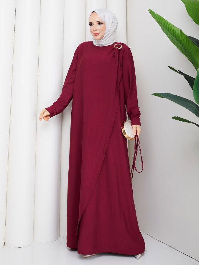 Toka Detaylı Tesettür Elbise-5145 Bordo