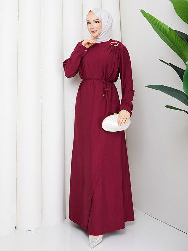 Toka Detaylı Tesettür Elbise-5145 Bordo - Thumbnail