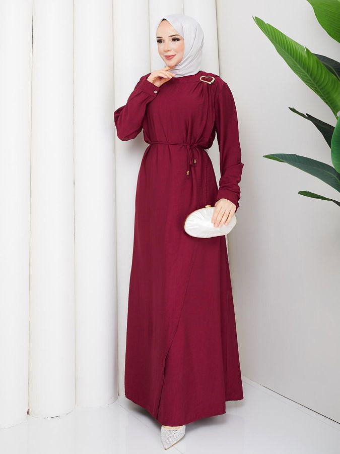 Toka Detaylı Tesettür Elbise-5145 Bordo
