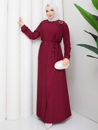Toka Detaylı Tesettür Elbise-5145 Bordo - Thumbnail