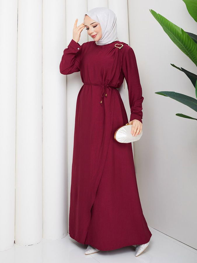 Toka Detaylı Tesettür Elbise-5145 Bordo