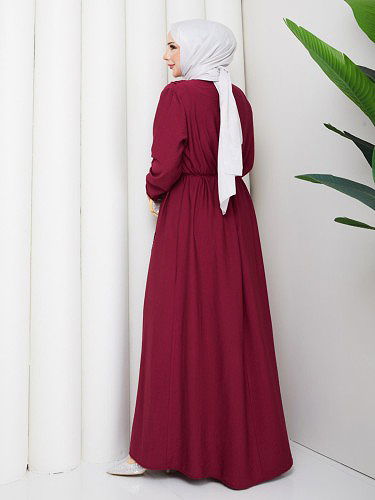 Toka Detaylı Tesettür Elbise-5145 Bordo - Thumbnail
