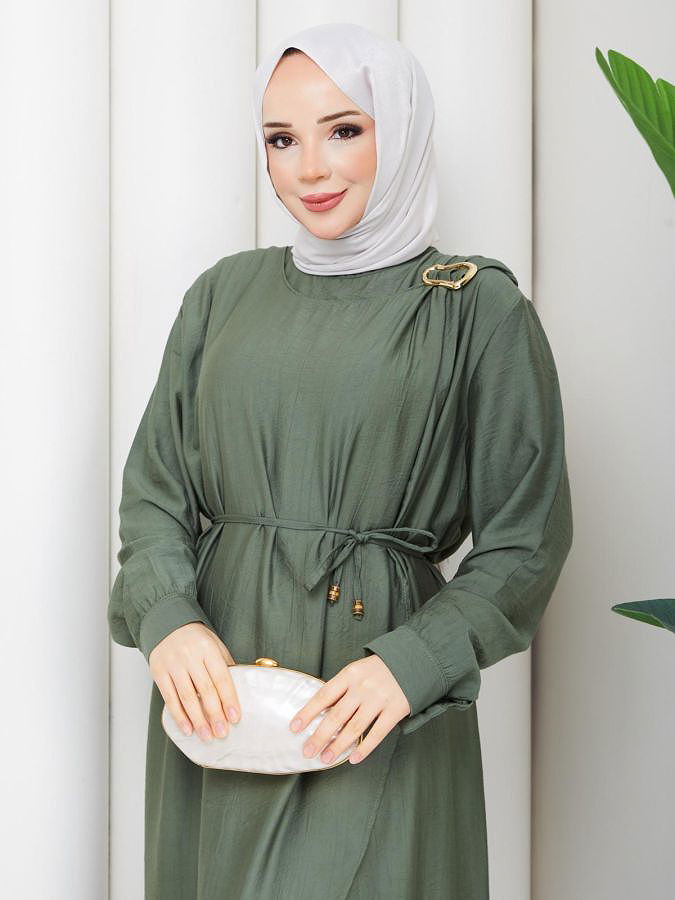 Toka Detaylı Tesettür Elbise-5145 Hakiyeşili