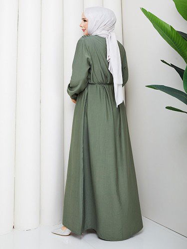 Toka Detaylı Tesettür Elbise-5145 Hakiyeşili - Thumbnail