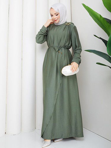 Toka Detaylı Tesettür Elbise-5145 Hakiyeşili - Thumbnail