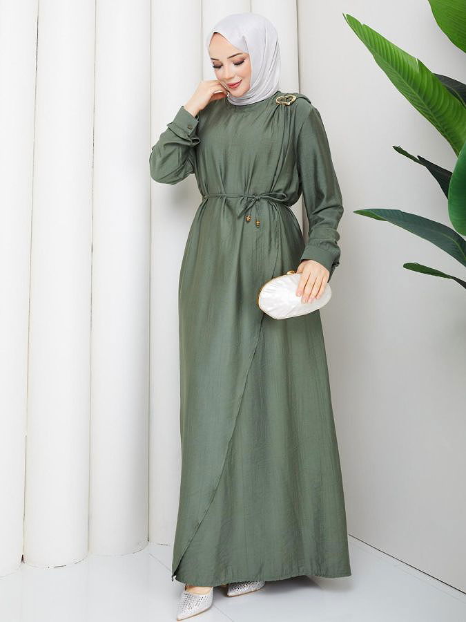 Toka Detaylı Tesettür Elbise-5145 Hakiyeşili