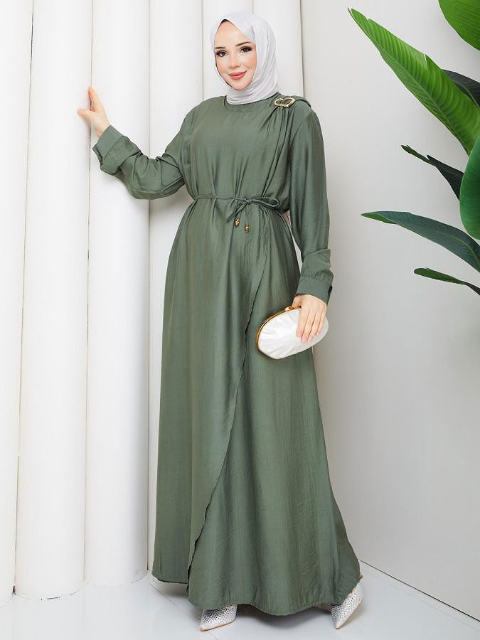 Toka Detaylı Tesettür Elbise-5145 Hakiyeşili