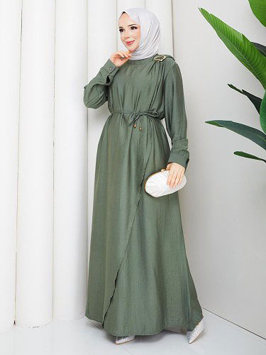 Toka Detaylı Tesettür Elbise-5145 Hakiyeşili - Thumbnail